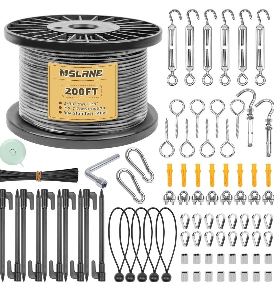 1/8″ Black Wire Rope Kit 200FT 304 Stainless Steel Vinyl Coated with M5 NEW