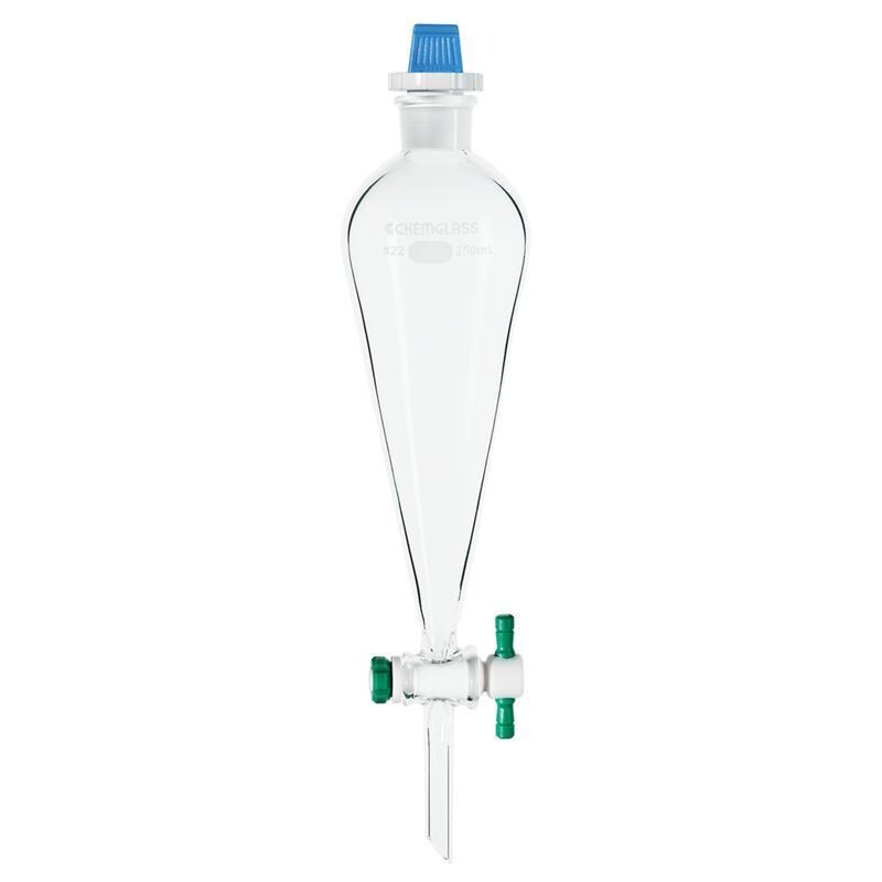 Squibb Separatory Funnel 1000 mL PTFE Stopcock PE Stopper Chemglass CG-1747-06