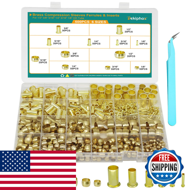 Dekiphox 500Pcs Brass Compression Sleeves Ferrules Inserts Kit 1/2 3/8 5/16 1/4