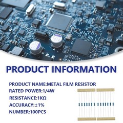 100 Pcs Clear Colored 1/4W 1K Ohm Metal Film Resistors for Easy Experimentation