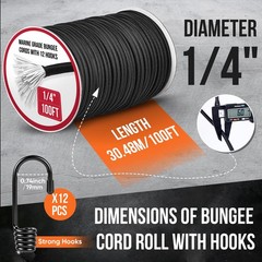 Marine Grade Heavy Duty Bungee Cord Roll with 12 Hooks – Black Elastic Shock …