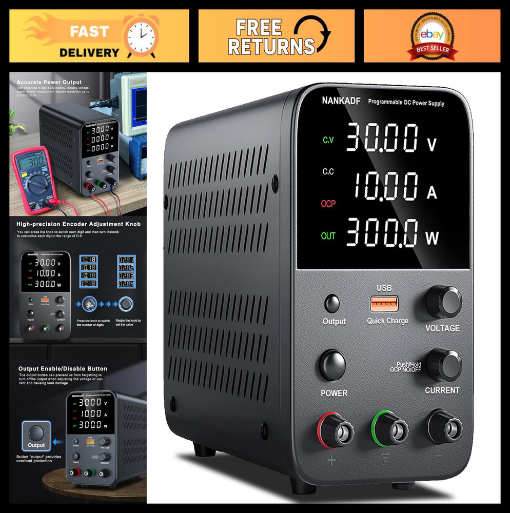 Variable DC Power Supply 30V 10A, Adjustable Bench Power Supply, USB Quick Charg