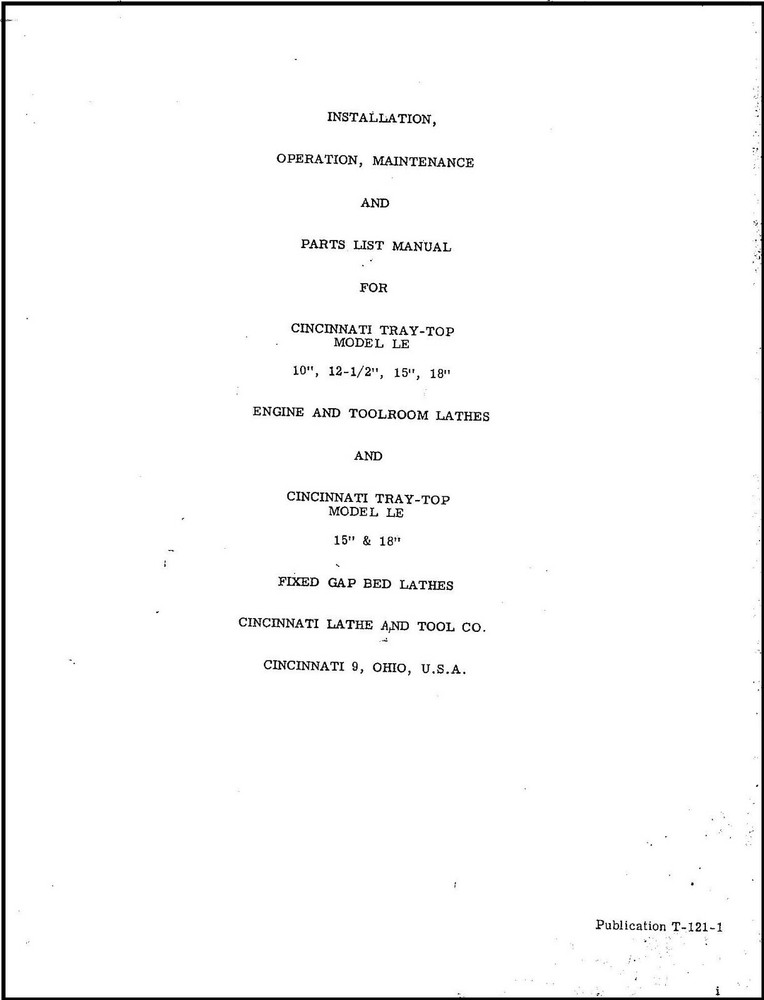 Operator Instruct Parts Manual Cincinnati Traytop Lathes 10, 12.5, 15 & 18 In