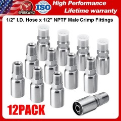 12 Pack 1/2″ I.D. Hose x 1/2″ NPTF Male Hydraulic Hose End Crimp Fittings