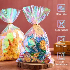 100 PCS Iridescent Cellophane Treat Bags, 6 x 10 Inches Holographic Plastic G…