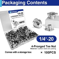 100 Pack 1/4″-20 T Nuts for Wood, Zinc-Plated Carbon Steel 4-Prong Tee Nuts for.