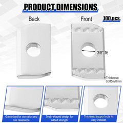 100 Packs 3/8”-16 Strut Channel Nuts No Spring Channel Nuts with Zinc Plated, wi