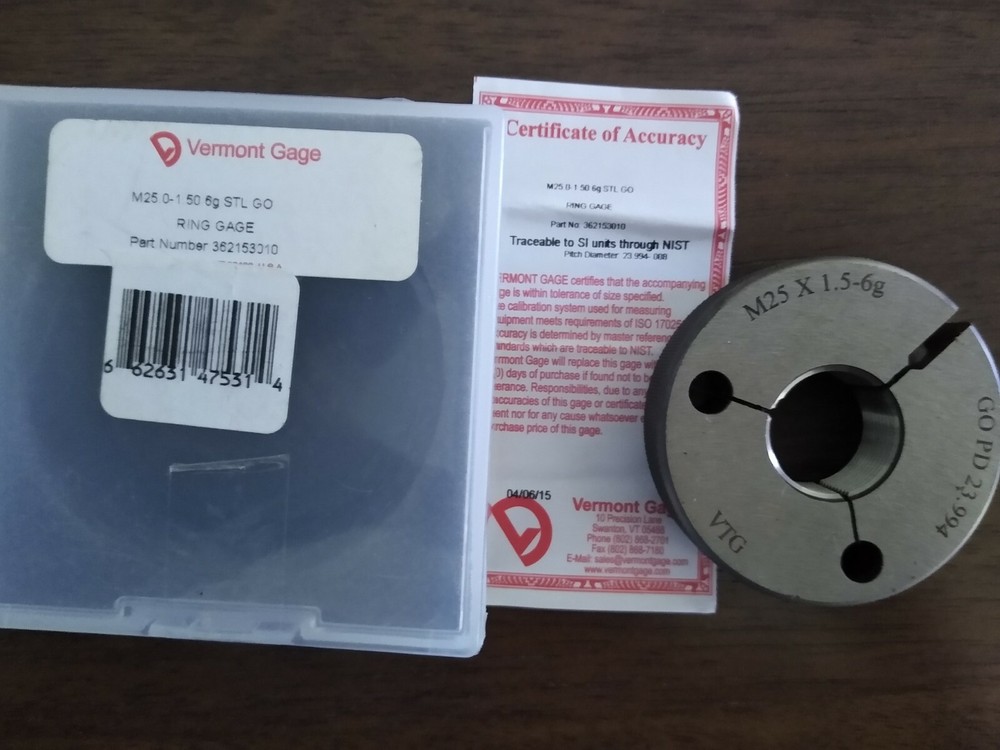 Vermont Gage 362153010 M25.0-1.50 6G Go Ring Gage