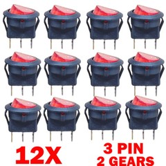 12x For SPST 3 Pin ON/OFF Round Rocker Switch With Red Neon Lamp 10A/125VAC