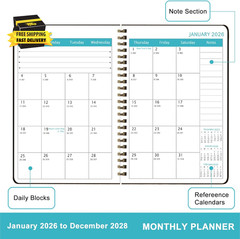 Monthly Planner 2026-2028, Monthly and Weekly Calendar Notebook for Office Work