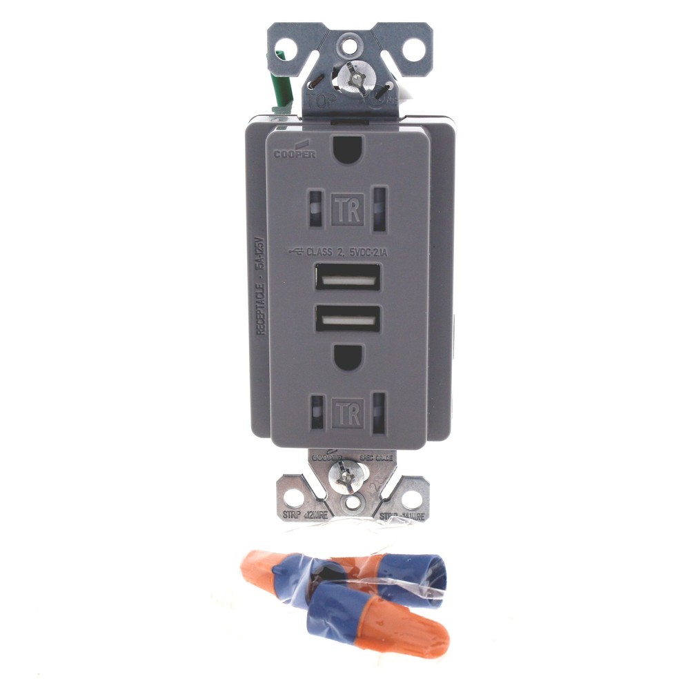 Cooper Gray Tamper Resistant 15A Receptacle Outlet w/ 2.1A USB Charger TR7745GY