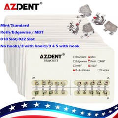 AZDENT Dental Ortho Metal Brackets Mini/Standard Roth/MBT 018/022 Hooks 3/3 4 5