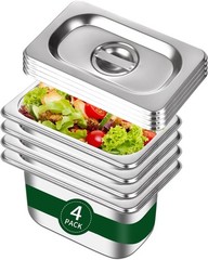 4-Pack 1/9 Size 4″ Deep Stainless Steel Food Pan w/ Lid Steam Table Hotel Pan
