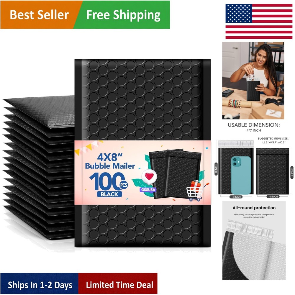 Reliable Black Bubble Mailers 4×8 Inch – 100 Padded Self-Seal Shipping Envelopes