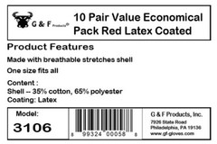 G & F 3106 Work Gloves Knit Palm Latex Dipped String Knitted Red One Size