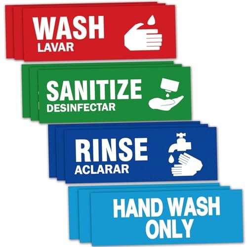 12 Pack Wash Rinse Sanitize Sink Labels, Hand Wash Only Sign, 3 Compartment Sink
