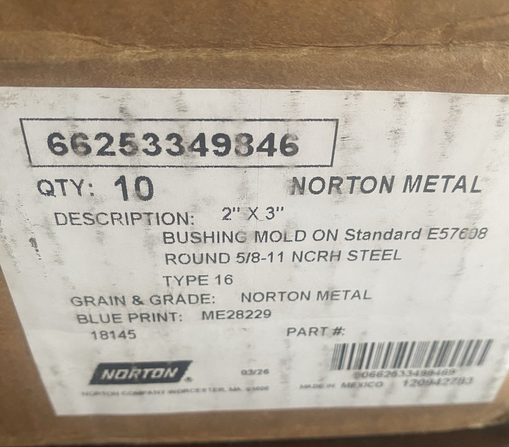 Norton Metal 1×3 Bushing Mold On Standard E57608 Type 16 Box Of 10