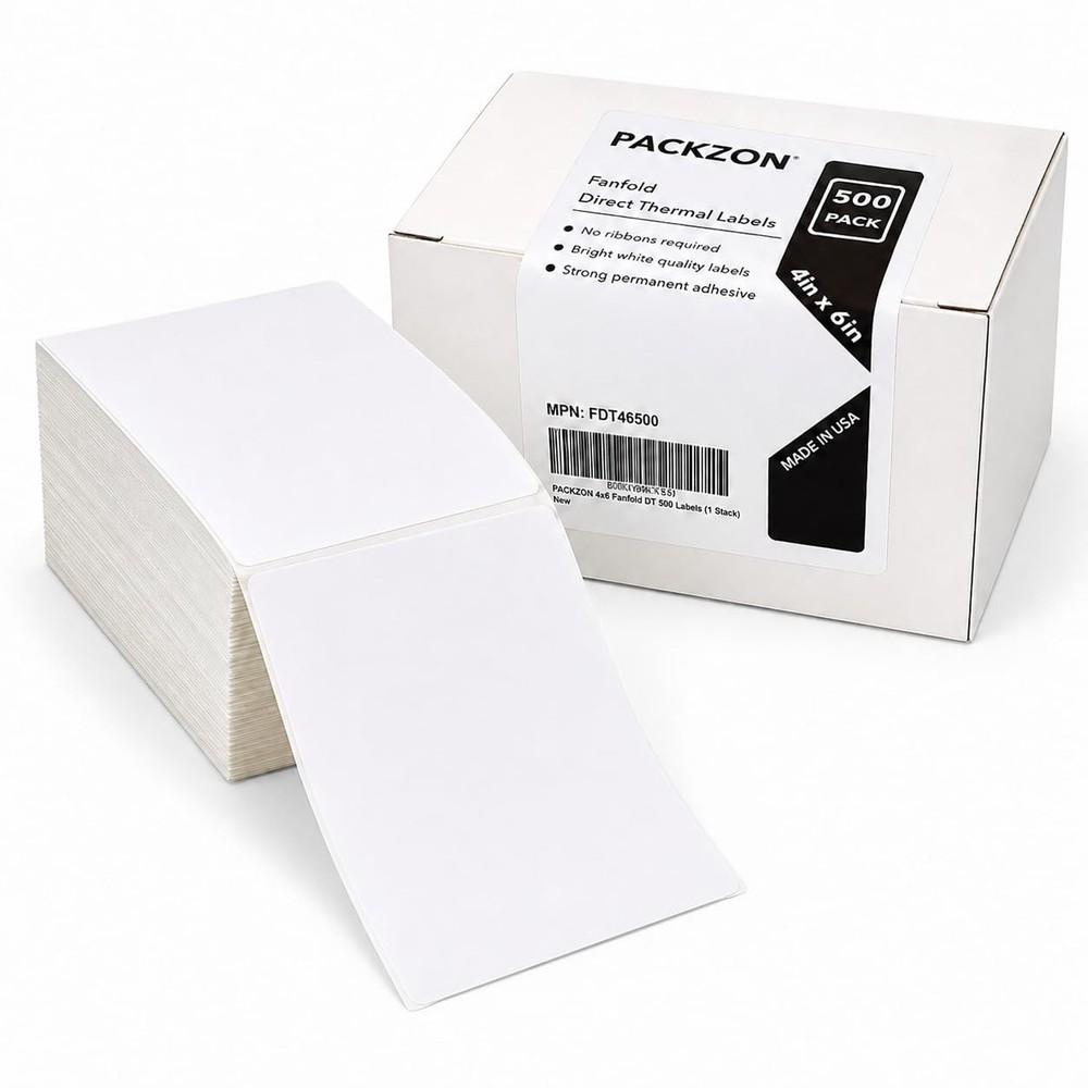 PACKZON 4×6 Direct Thermal Shipping Labels – 500 Fanfold 1 Stack, White