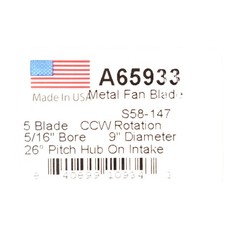 A65933 Metal Fan Blade 9″ Diameter 5 Blades 5/16″ Bore Hub CCW 26 Degree Prop