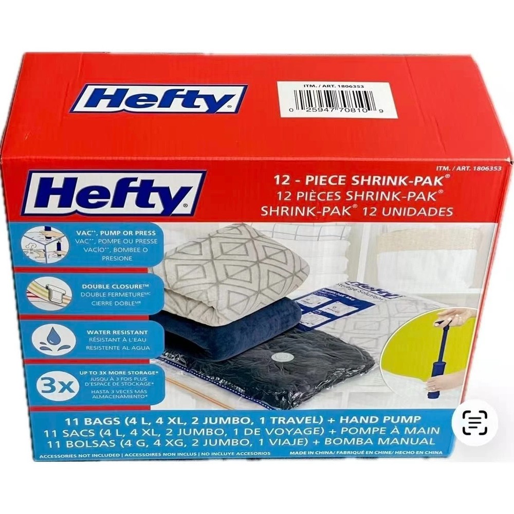 Hefty 12 Piece Shrink-Pak Combo, 11 Bags(4L, 4XL, 2 Jumbo, 1 Travel) + Hand Pump
