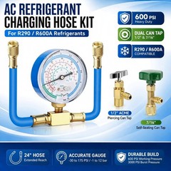 R290 R600A Refrigerant Charging Manifold Hose Kit AC Recharge w/ Gauge & Can Tap