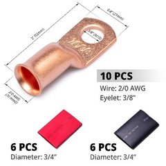 2/0 Gauge 3/8 Copper Wire Lugs Ring Terminals Battery Cable Connectors Ends 10
