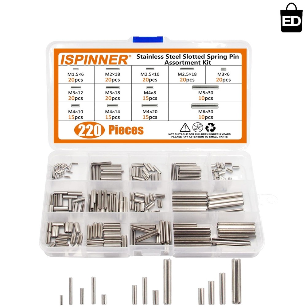 220pcs Roll Pin Set, Stainless Steel Slotted Spring Pin Assortment Kit M1.5 M2