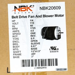 NBK 20609 Belt Drive Motor 1/4 HP 1725 RPM 115 Volts Replacement for GF2024