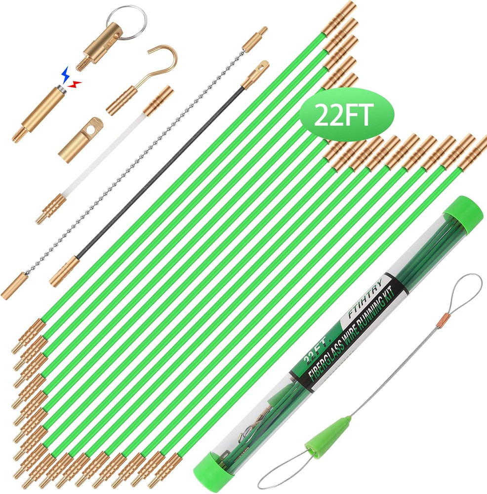 22FT Fiberglass Running Wire Cable Glow Rods Wire Pulling, Fish Rods Kit with