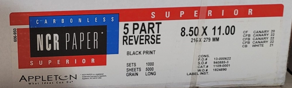 NCR Paper Brand 5-part REVERSE Carbonless Paper, 4 Canary, 1 White – 10 reams