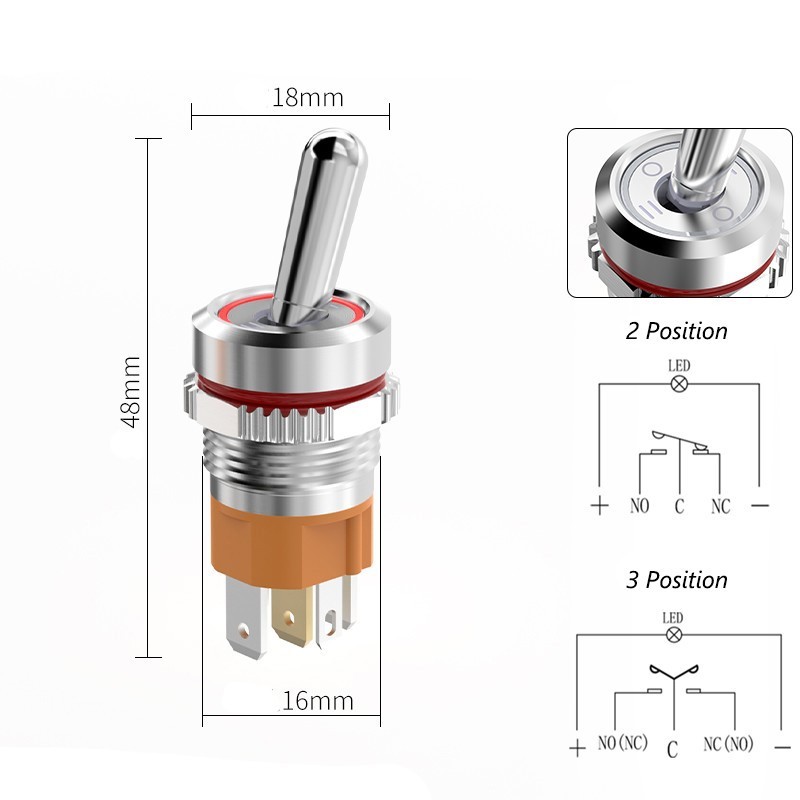 16mm Power Toggle switch ON/OFF 2/3 Position 20A 250VAC Waterproof LED Red Green