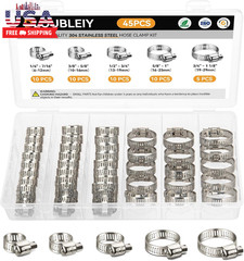 45PCS Hose Clamp Assortment Kit – Stainless Steel Hose Clamps with Worm Gear, Ad