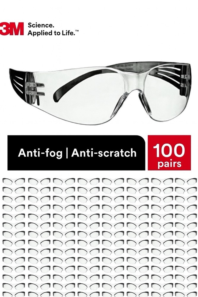 (100 Pairs) 3M 100 Series Safety Glasses- Clear Anti-Fog Lens-Black SF101AF-BLK
