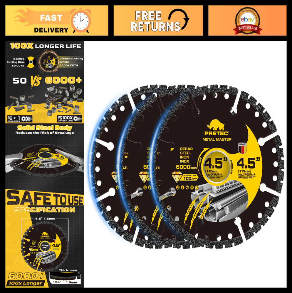 4.5″ Diamond Cutting Wheel, Angle Grinder Disc, 3-Pack for Metal, Steel, Rebar C