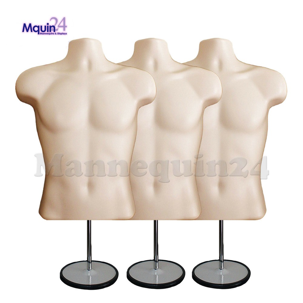 3 Pack MALE MANNEQUIN TORSOS FLESH +3 STANDS & 3 HANGING HOOKS- Men Dress Forms