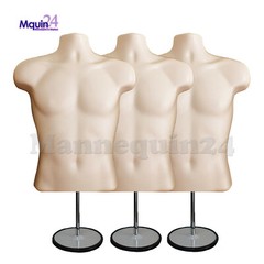 3 Pack MALE MANNEQUIN TORSOS FLESH +3 STANDS & 3 HANGING HOOKS- Men Dress Forms