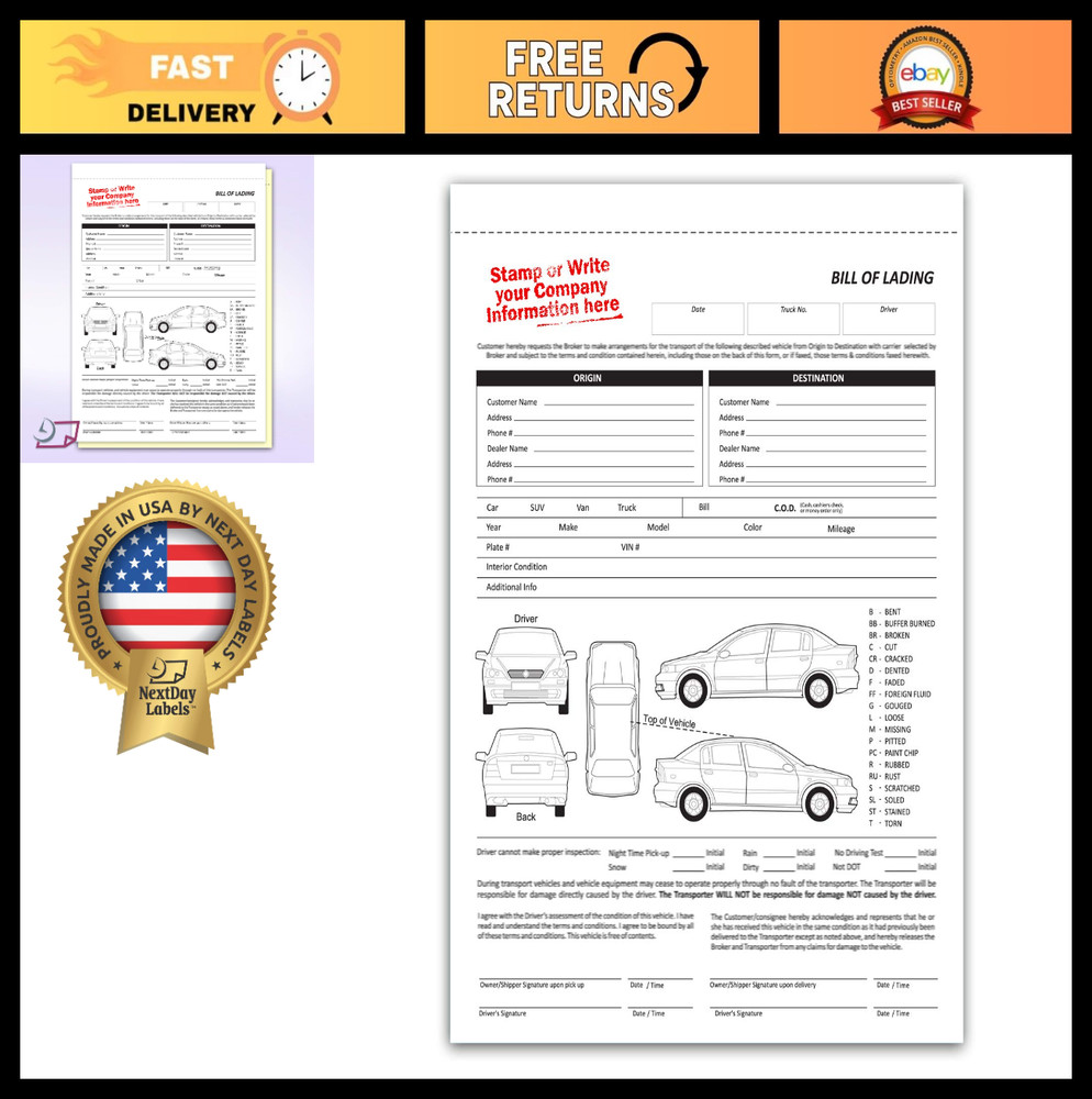 Vehicle Transport Bill of Lading Form – 2 Part Carbonless, 100 Sets, Letter Size