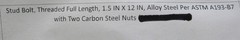 Stud Bolt 1-1/2″ x 12″ A193 B7 Fully All Threaded Length w/ 2 Carbon Steel Nuts