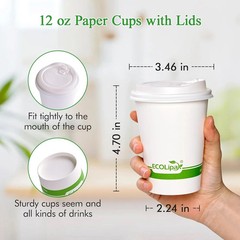 ECOLipak 100 Count 12 oz Compostable Paper Coffee Cups, Biodegradable Disposable
