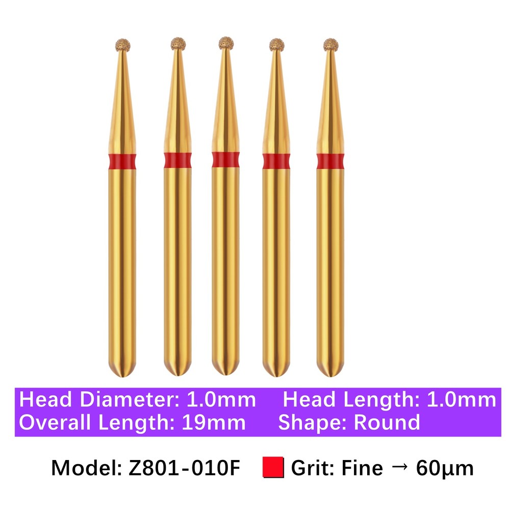 Vakker 5pc Dental Zirconica Diamond Burs w/ Metal Holder Z801 Z801L Round Shape