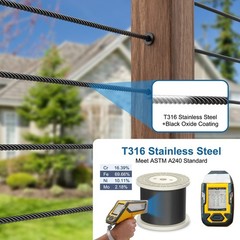 250FT 1/8″ Black Stainless Steel Cable, T316 Marine Grade Wire Rope, 1850lbs Str