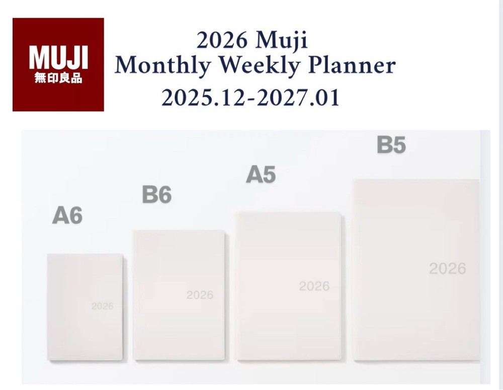 Muji 2026 Monthly Weekly Planner White-Gray Start 2025.12 A6 or B6 or A5 or B5