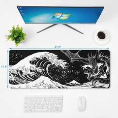 Black and White Large Mouse Pad, Japanese 31.5L x 11.8W inches, Wave Dragon