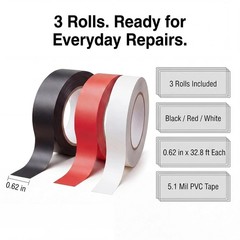 Waterproof PVC Electrical Tape Set – 5.1 Mil Insulation, 0.62 in x 32.8 ft Rolls