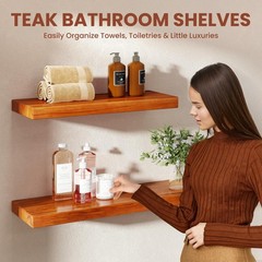 36 Inch Teak Floating Shelves Set of 2 – Solid Natural Wood Wall Mounted Shel…