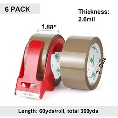 BOMEI PACK Brown Packing Tape with Dispenser, 2.6 Mil 1.88 Inch x 60 Yards, 6 Re