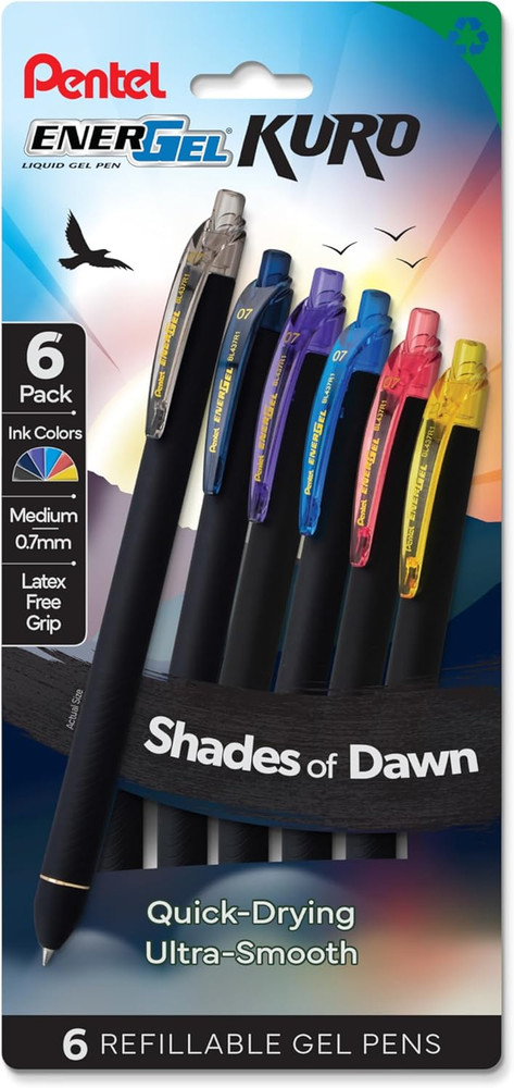 Energel Kuro Shades of Dawn, Retractable Liquid Gel Pen, Assorted Ink Colors, 6P