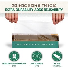 Extra-Thick 10 Micron Compostable Cling Wrap Roll, 99 Feet by 12 Inches,