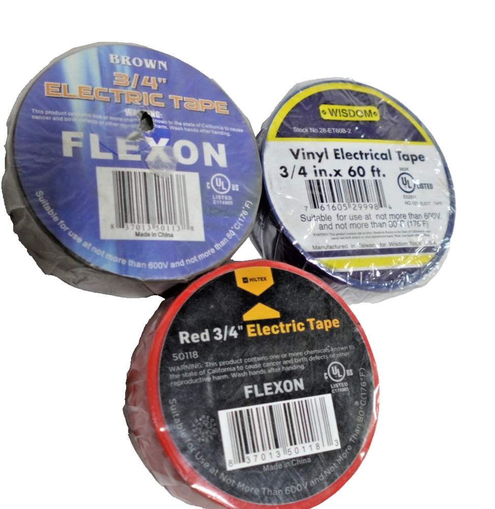 Lot of 3 Rolls of Electrical Tape. Red, Blue, Brown. 3/4″