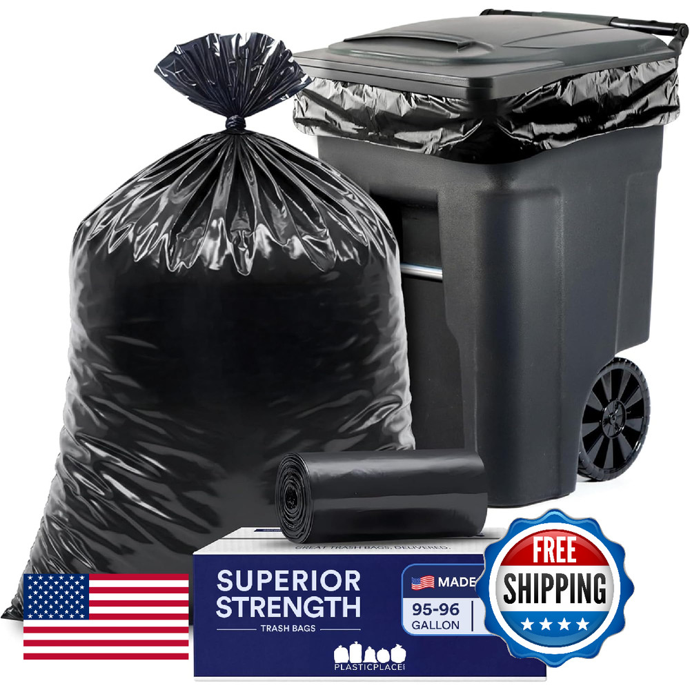 Plasticplace 95-96 Gallon Garbage Can Liners Heavy Duty 1.5 Mil Black Trash